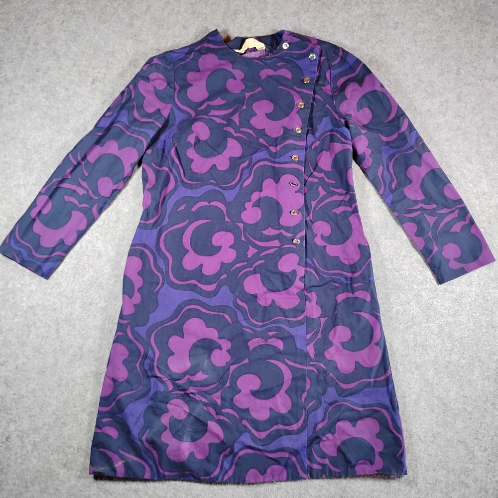 Vintage Pia Paula Dress Womens 40 Purple Blue Mod Psycho Floral Finland Cotton